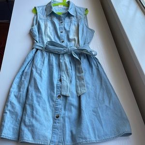 Light wash jean sleeveless dress with tribal stitching